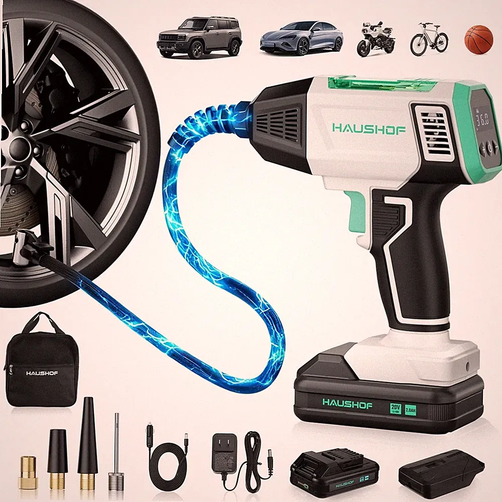 HAUSHOF 20V Rechargeable 150PSI Cordless Tire Inflator Air Compressor Tire Pumps